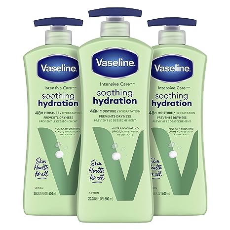Vaseline Intensive Care Body Lotion for Dry Skin Soothing Hydration Made with Ultra-Hydrating Lipids + 1% Aloe Vera Extract to Refresh Dehydrated 20.3 oz, Pack of 3