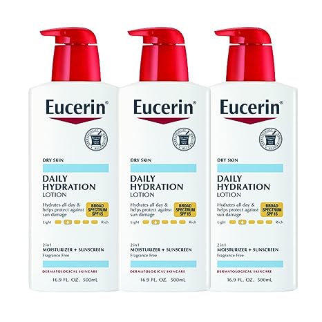 Eucerin Daily Hydration Lotion with SPF 15 - Broad Spectrum Body for Dry Skin 16.9 fl. Oz. Pump Bottle (Pack of 3)
