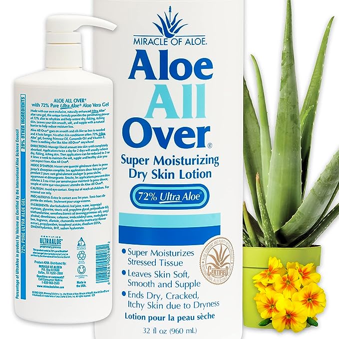Miracle of Aloe All Over Super Moisturizing Dry Skin Lotion 32 oz - Made with 72% UltraAloe Vera Gel. Safe for Everyone: Men, Women, Children, Kids. Ends Flaking and Restores Fast