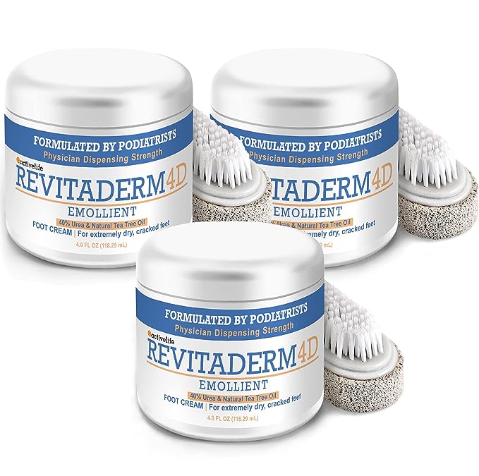 activelife - Revitaderm 4D Urea Foot Cream, Deeply Moisturizes for Dry, Cracked Feet, Hands, Elbows and Knees, Ultra Repair Cream and Callus Remover For Feet, Free Pumice Stone Included, 4oz, 3 Pack