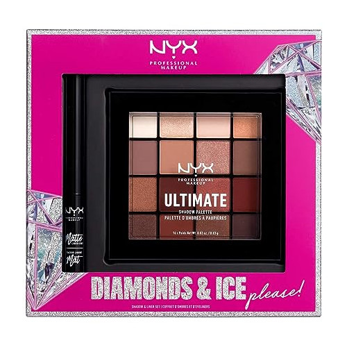 NYX PROFESSIONAL MAKEUP Gift Set, Diamonds & Ice Shadow And Liner Set - Matte Liquid Eyeliner + Ultimate Shadow Palette - Warm Neutrals