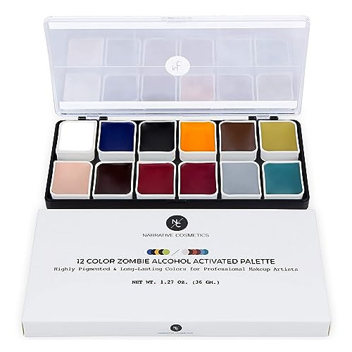 Narrative Cosmetics 12-Color Zombie Alcohol-Activated Palette, Professional Quick Drying Waterproof SFX Makeup for the Stage, Film, Halloween, & Cosplay
