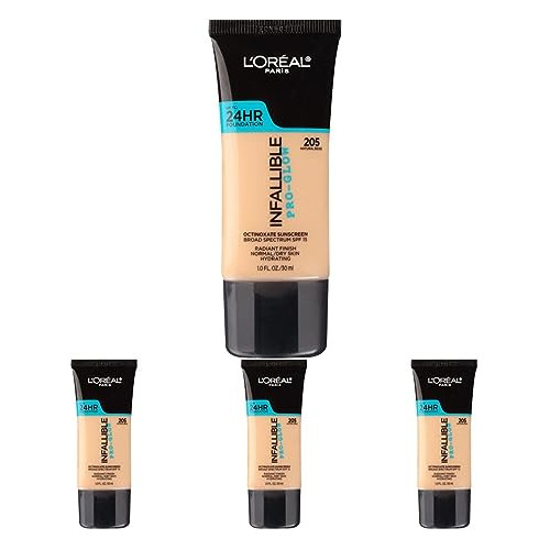 로레알 Paris Makeup Infallible Up 24HR Pro-Glow Foundation 205 Natural Beige 1 fl oz. Pack 4