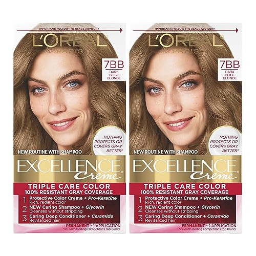 로레알 Paris Excellence Creme Permanent 헤어 Color 7BB 다크 Beige Blonde 100 percent Gray Coverage Dye Pack 2