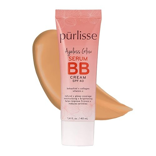 purlisse Ageless Glow Serum BB Cream SPF 40 : Clean Cruelty-Free Full Flawless Coverage Hydrates Collagen Medium Golden 1.4oz