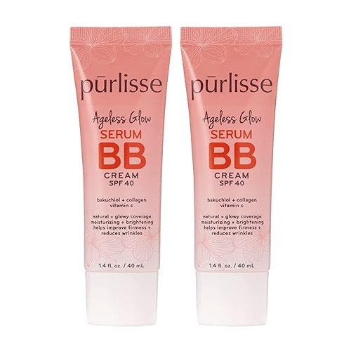 pūrlisse Ageless Glow Serum BB Cream SPF 40 | Full & Flawless Coverage, Hydrates with Collagen - Medium Warm (2 Pack)