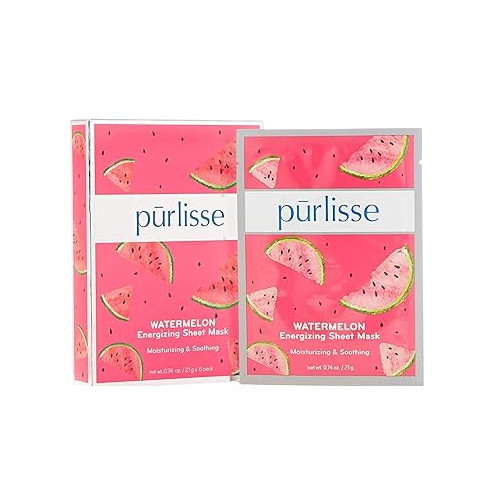 purlisse Watermelon Energizing Sheet Mask: Cruelty-Free clean Paraben Sulfate-free Packed Vitamins A B C Aloe Vera calms skin Pack 6