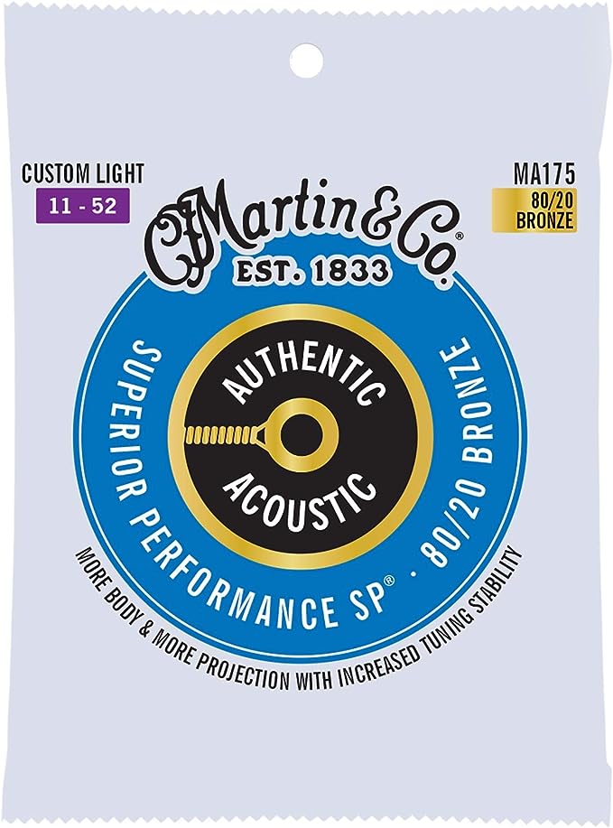 Martin Authentic Acoustic Guitar Strings, Superior Performance Custom Light 11-52, 80/20 Bronze