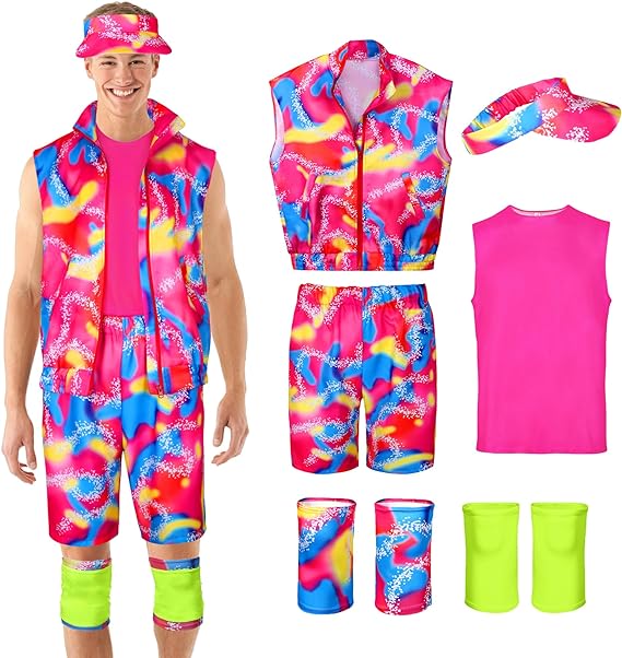 Cosrea Ken Costume for Men 80s 90s Workout Outfits Party Clothes Sportswear Tank top Vest Sun Visor Kneepad Halloween Cosplay