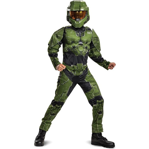 Halo Infinite Master Chief Costume, Kids Size Muscle Padded Video Game Inspired Character Jumpsuit