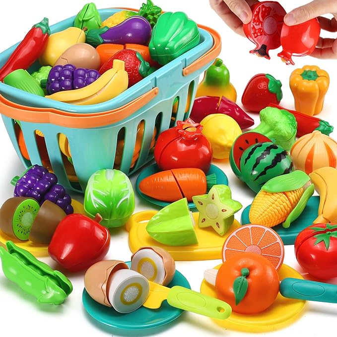 70 PCS Cutting Play Food Toy for Kids Kitchen, Pretend Fruit &Vegetables Accessories with Shopping Storage Basket, Plastic Mini Dishes and Knife, Educational Toddler Children Birthday Gift