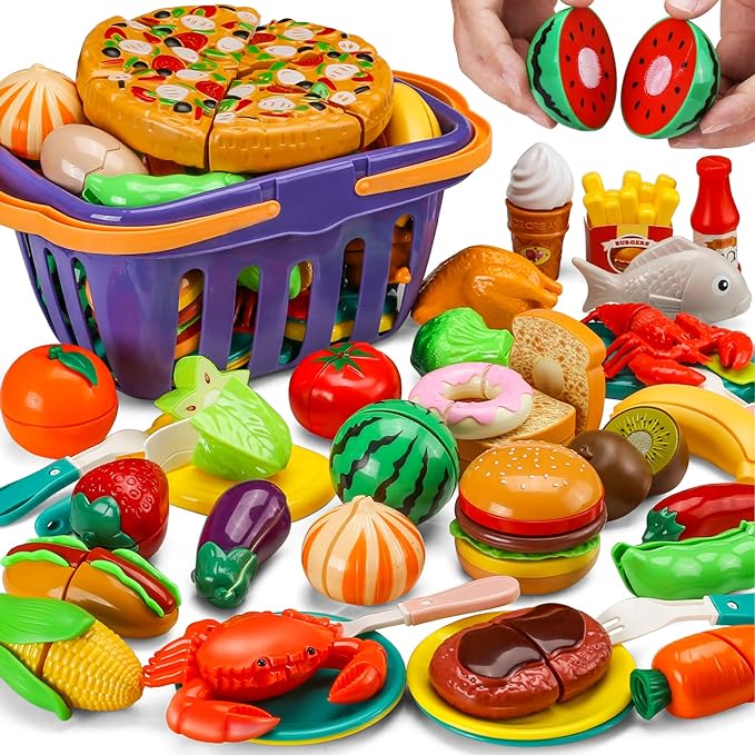 42 Items 87 Pcs Cutting Play Food Toy for Kids Kitchen Set,Pretend Cooking Fruit &Vegetables&Fast with Storage Basket,Fake Toddler&Baby,Educational Gift Girls Boys Children Birthday