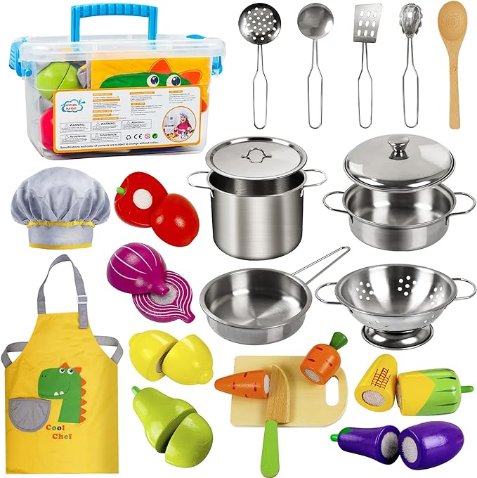 Sundaymot Play Kitchen Accessories, Wooden Food, Cooking Set with Stainless Steel Cookware Pots and Pans Utensils, Apron, Chef Hat, Cutting Food Playset for Girls Boys