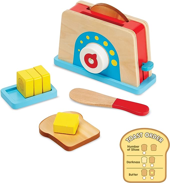 Melissa & Doug Bread and Butter Toaster Set (9 pcs) - Wooden Play Food Kitchen Accessories