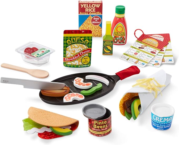 Melissa & Doug Fill Fold Taco Tortilla Set, 43 Pieces – Sliceable Wooden Mexican Play Food, Skillet, and More - Pretend Kitchen Toy For Kids Ages 3+