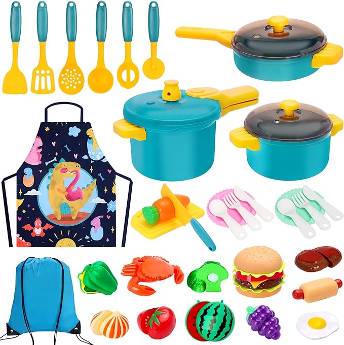 Kids Play Kitchen Accessories Set, Pretend Cooking Toys Playset for Toddlers, Toy Pots and Pans with Fake Food Cookware Utensils Dishes, Girls Boys Gift