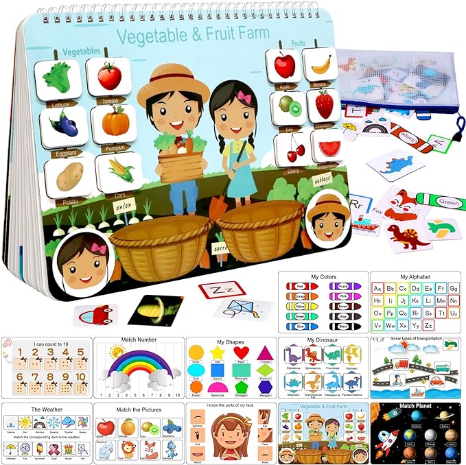 Busy Book for Kids, Montessori Autism Sensory Educational Toys, 12 Pages Toddler Preschool Activity Binder and Early Learning Toys - Boys & Girls Develops Fine Motor Skills
