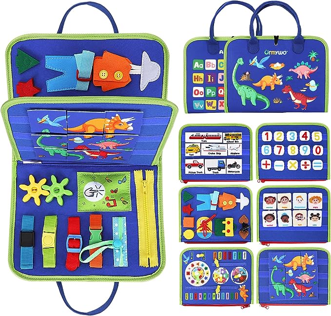 URMYWO Busy Board for Toddlers, Montessori Toys Book 1 2 3 4 Year Old Toddlers Preschool Learning Activities with Alphabet Number, Animal Travel Gifts Plane Car Motor Skills