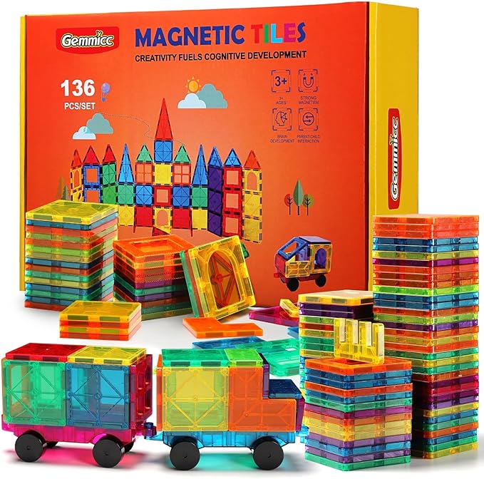 Gemmicc Magnetic Tiles, Deluxe 136 PCS Building Blocks Magnet Toys for Kids,3D Puzzles Stacking Boys Girls,Huge Set with 2 Cars