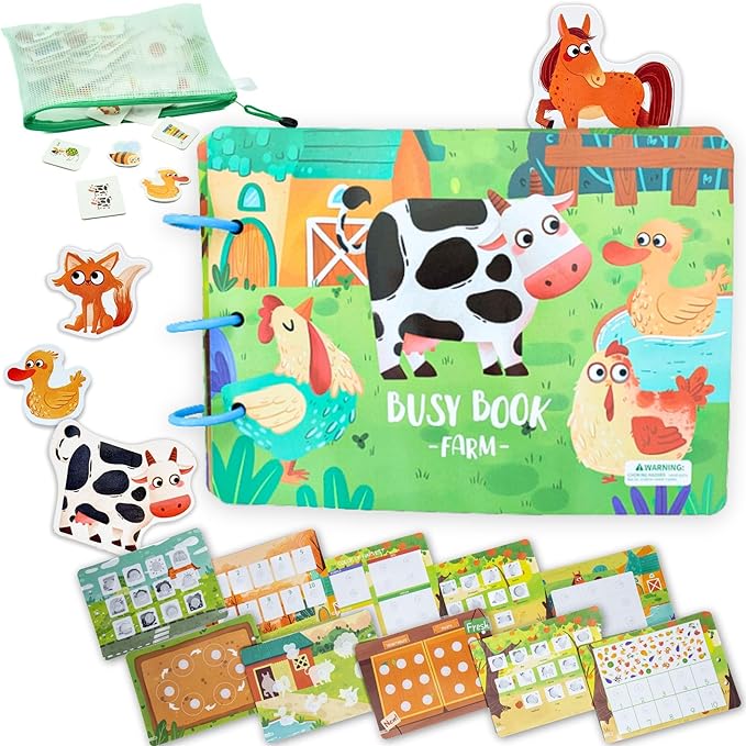 SpiritnSprout Montessori Busy Book for Toddlers 1-3 - Preassembled Books 3-4 W/Zipper Pouch Quiet 3-5 Farm Road Trip Activities Kids