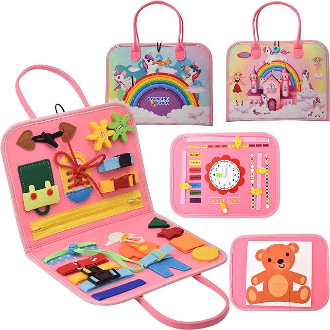 Bouncing Bobo Montessori Busy Board for Toddlers 2-4, 2 year old girl birthday gift with 25+ Educational Activities, Airplane Travel Essentials Kids, Sensory Board,Develop Fine Motor Skills (Pink)