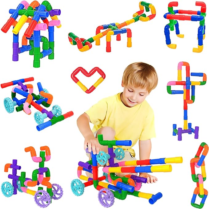 FUBAODA STEM Learning Pipe Tube Toys, Locks Construction Building Blocks 96 Pcs - Multicolor Educational Set with Wheels& Spouts & Joints for Kids Ages 3+