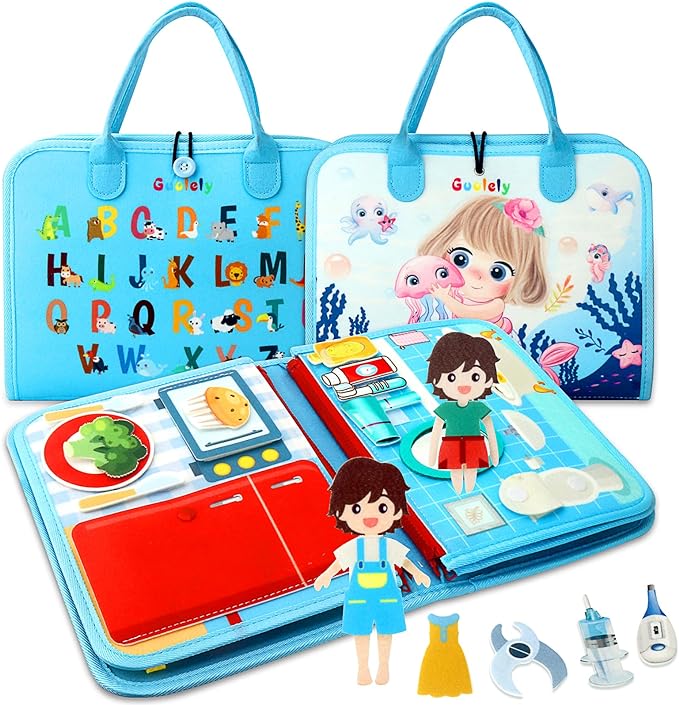 Guolely Busy Board Montessori Toys for 1-6 Years Old - Toddler Travel Toys, Educational Book with 10 Pages Soft Daily Learning Activities Sensory Toy Gift Ideal Boys, Girls, Kids