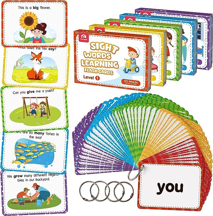 Coogam Sight Words Educational Flashcards - 220 Dolch Sightwords Game with Pictures & Sentences,Literacy Learning Reading Cards Toy for Kindergarten,Home School Kids 3 4 5 Years Old