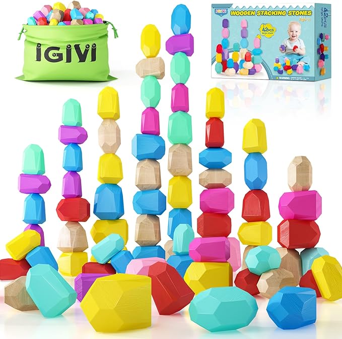 IGIVI Montessori Toddler Toys for 1 2 3 Year Old Boys Girls, 42 PCS Wooden Sorting Stacking Rocks, Preschool Learning Educational Building Blocks Ages 2-4, Christmas Birthday Gifts Kids