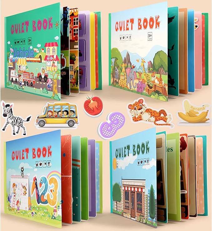 MIKNEKE 4 Pack DIY Busy Book for Toddlers, Montessori Kids to Develop Learning Skills, Quiet Book, Animal Vehicle Number Fruit Preschool Activities & Education Toys