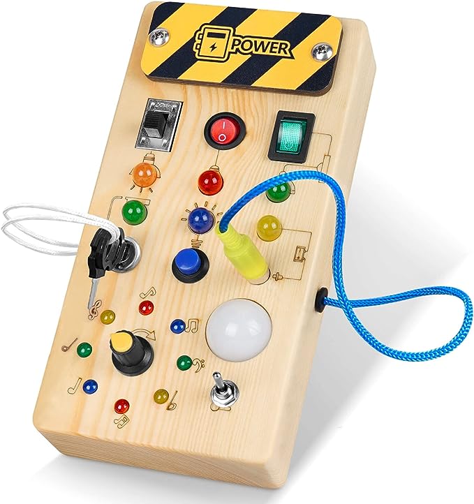 Montessori Toddler Busy Board, Baby Wooden Board with 8 LED Light switches, Sensory Toys Switch Travel for 1+ Year Old and