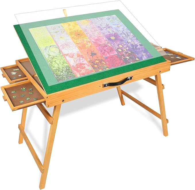 퍼즐테이블 Jigsaw Puzzle Table with Legs for 1500 Pieces,Adjustable Board 4 Drawers & Cover Birthday Gift mom,25x34Portable Wooden Tilting Adult