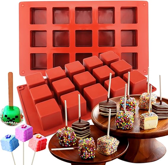 AIERSA Square Cake Pop Mold Silicone, 2 Pcs 15 Cavity Lollipop Molds Silicone for DIY 1.2 Pops, Bites, Candy Chocolate Cubes, Pops Maker Pastry Baking, Truffles, Jello, Brownie