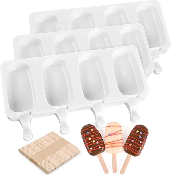Sakolla 3 Pack Large Popsicle Molds 4 Cavities Cake Pop Silicone Oval Ice Cream Cakesicle for Chocolate Baking with 100 Wooden Sticks, White