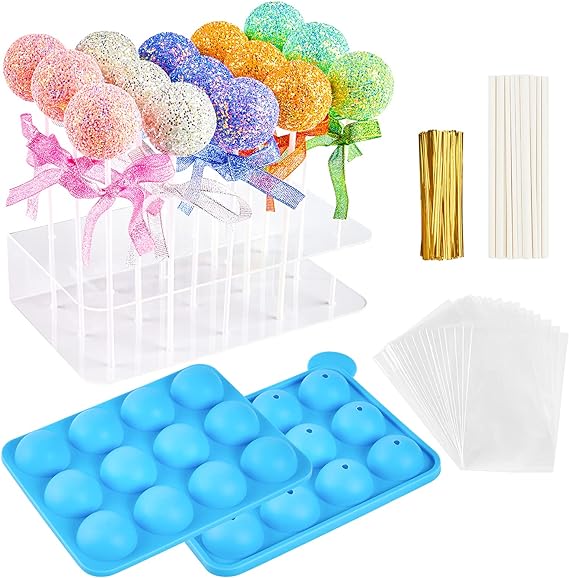 Cake Pop Maker Set, 15 Hole Clear Acrylic Lollipop Display Stand Holder with 12 Cavity Silicone Mold, 50 Pcs Sticks Treats Bags and Twist Ties for Lollipop, Candy, Cake, Jelly Chocolate