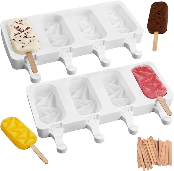 Sakolla 2 pcs Popsicle Molds 4 Cavities Cake Pop Silicone Diamond Ice Cream Cakesicle for Chocolate Baking with 50 Wooden Sticks