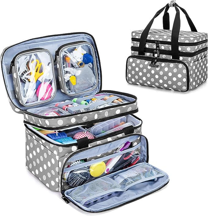BAFASO Double Layer Sewing Accessories Organizer with 2 Detachable Pouches, Large Storage Bag for Tools (BAG ONLY), Polka Dots