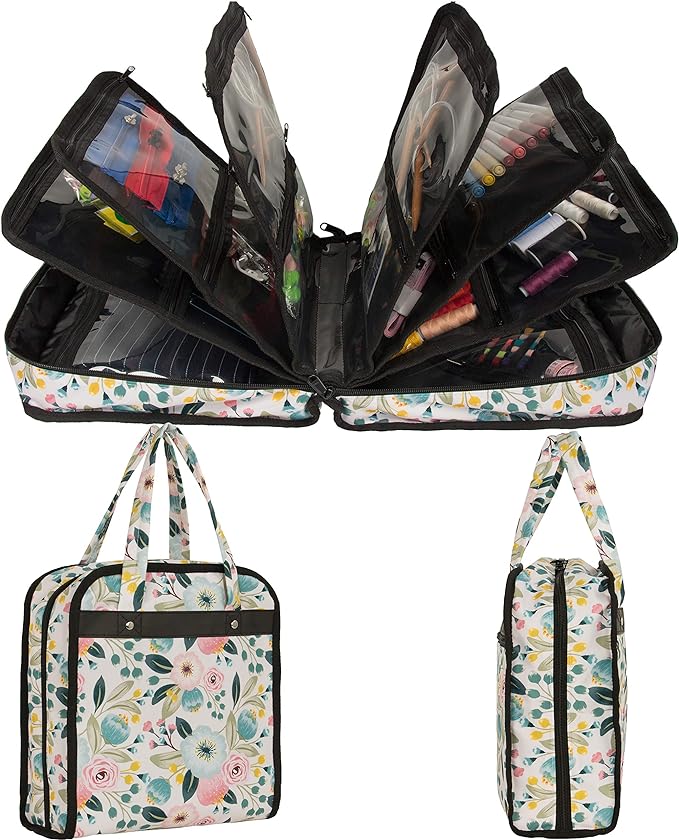PACMAXI Sewing Accessories Storage Bag, Knitting, Craft Tools and Organizer, Roomy Carrying Bag for (Flower with Beige Background)
