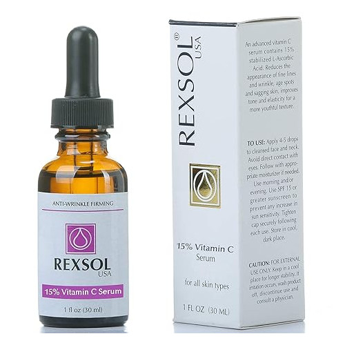 REXSOL 15% Vitamin C Serum Anti-wrinkle Firming | Natural Antioxidant for fine lines and wrinkles Firm and Youthful formula | With Hyaluronic Acid, Chamomile & Grape Seed Extract (30 ml / 1 fl oz)