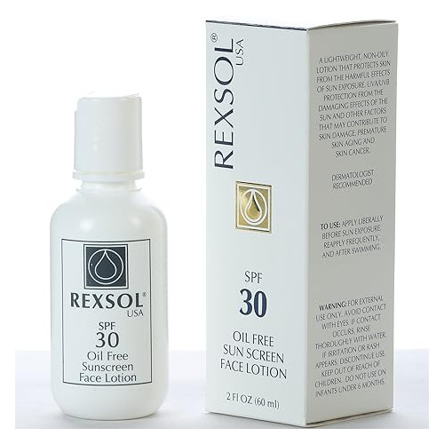 REXSOL SPF 30 Oil Free Sunscreen Face Lotion With Vitamin C, E & A Provides total reinforced protection against UVA and UVB rays Fights premature aging. (60 ml / 2 fl oz)