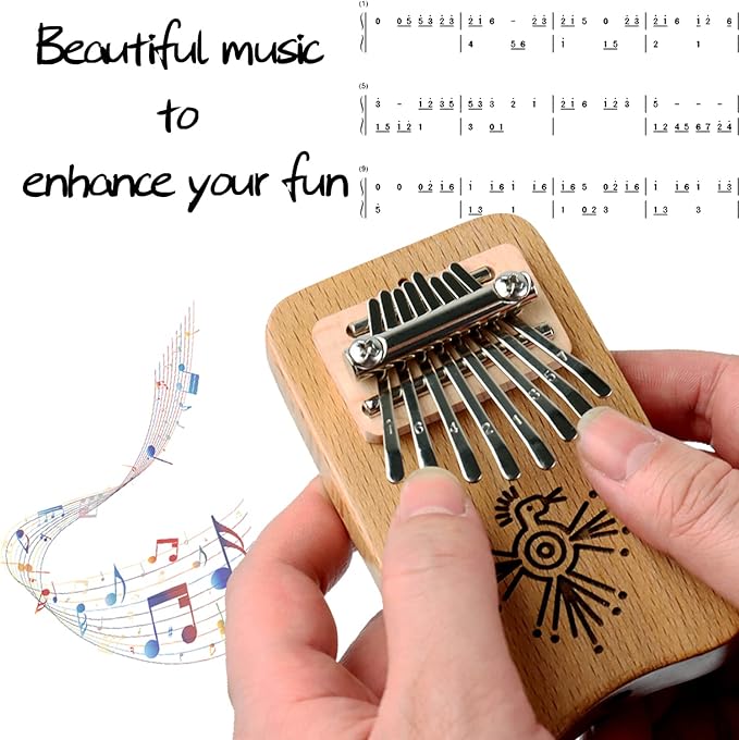 Ironkoi Kalimba 8 Keys Thumb Piano tuning hammer and learning instructions, portable Mbira Sanza finger piano, gift for children adults