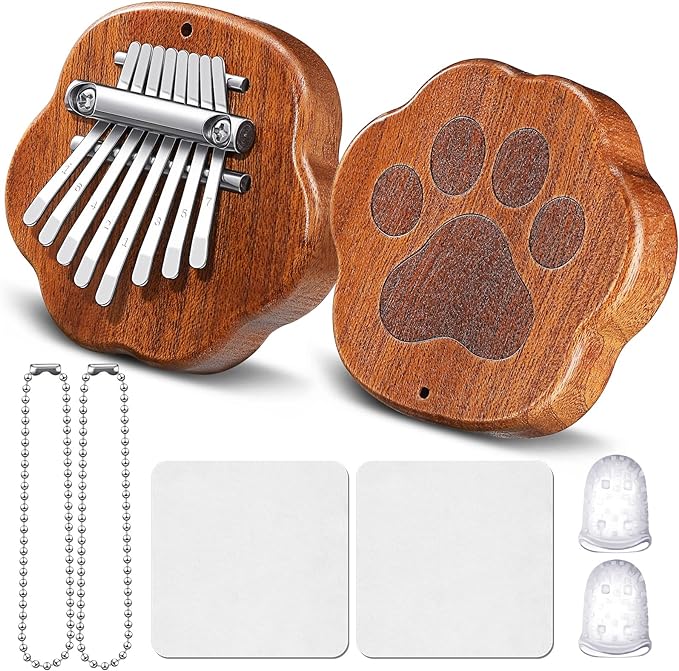 2 Pack Mini Kalimba Cat Paw 8 Keys Finger Thumb Piano Kit Hand Cute Wood Tiny Instruments Portable Pocket Marimba Musical Gift for Kids Adult
