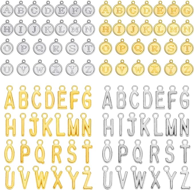 104 Pcs/4 Sets Gold Letter Charms Alphabet ABC A-z Silver Pendants for DIY Bracelet Necklace Jewelry Making Crafting,2 Colors and 4 Styles