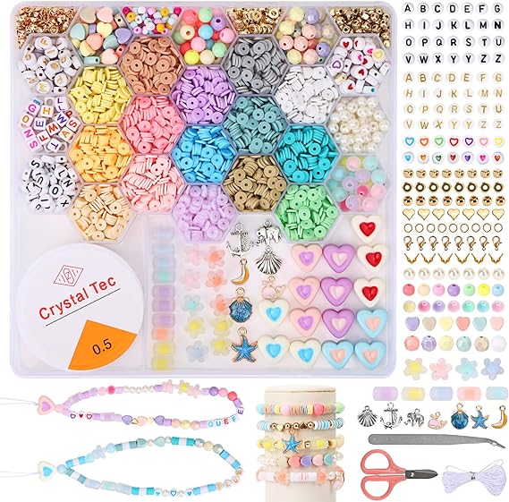 Quefe Clay Beads Kit, 3340pcs, 15 Macaron Colors, Sweet Polymer Beads, Bead Bracelet Charm Set Jewelry Making, Craft for Adults