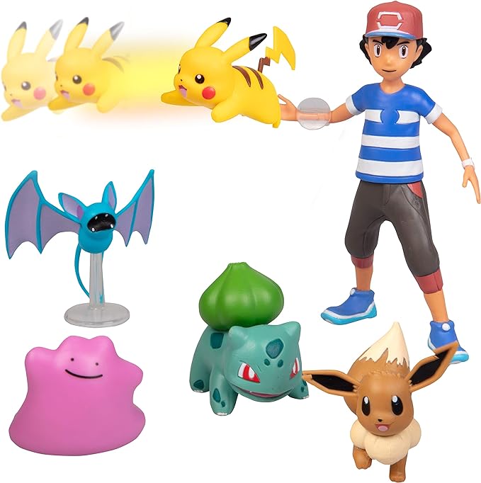 Pokémon Battle Figure Multi Pack Toy Set with Launching Action - Generation 1 - Includes Ash, Pikachu, Eevee, Bulbasaur, Ditto & Zubat - 6 Pieces - Ages 4+
