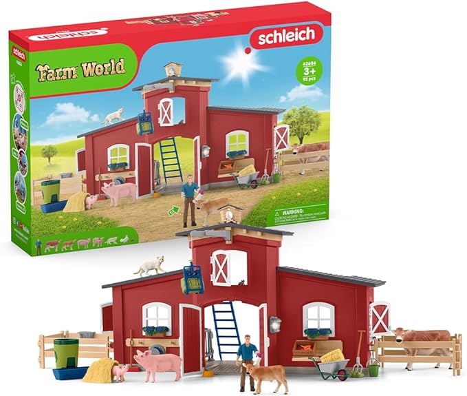 Schleich Farm World, Farm Animal Toys and Sets for Kids, Red Barn Playset with Farm Animal Figurines, Red