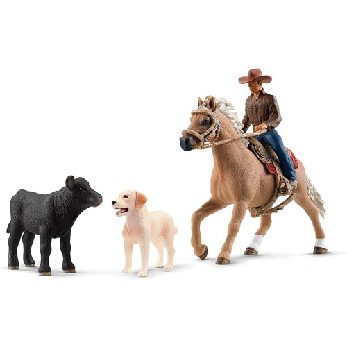 Schleich Farm World Rodeo Calf Adventure Playset - Cowboy Rodeo Rider Figurine with Horse, Cow, and Dog, Realistic Western Rodeo Farm Toys and Accessories, 6-Piece Kids Toy for Boys and Girls