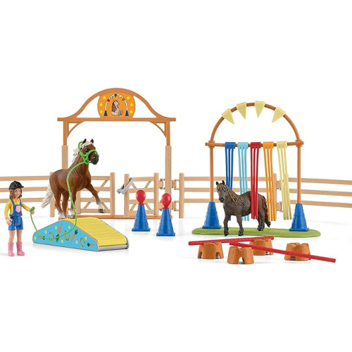 Schleich Farm World Pony Agility Training 41-piece Horse Playset for Kids Ages 3-8 , Brown
