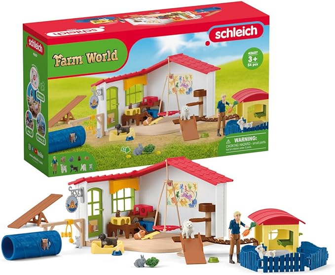 Schleich Farm World Baby Pet Animal Play Hotel with Caretaker Figurine - Large 54-Piece Playset with Dog, Cat, Bunny, Plus Accessories and More, Imagination for Boys and Girls, Gift for Kids Age 3+
