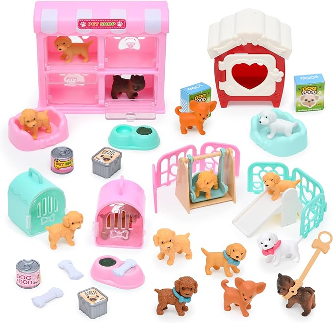 Lorfancy 35 Pcs Pretend Play for Toddlers Kids Dog Toys Playset Girls Pet Dog Figures Realistic Dog Care Role Play Educational Toys Birthday Gift for 4 5 6 7 8 Year Old